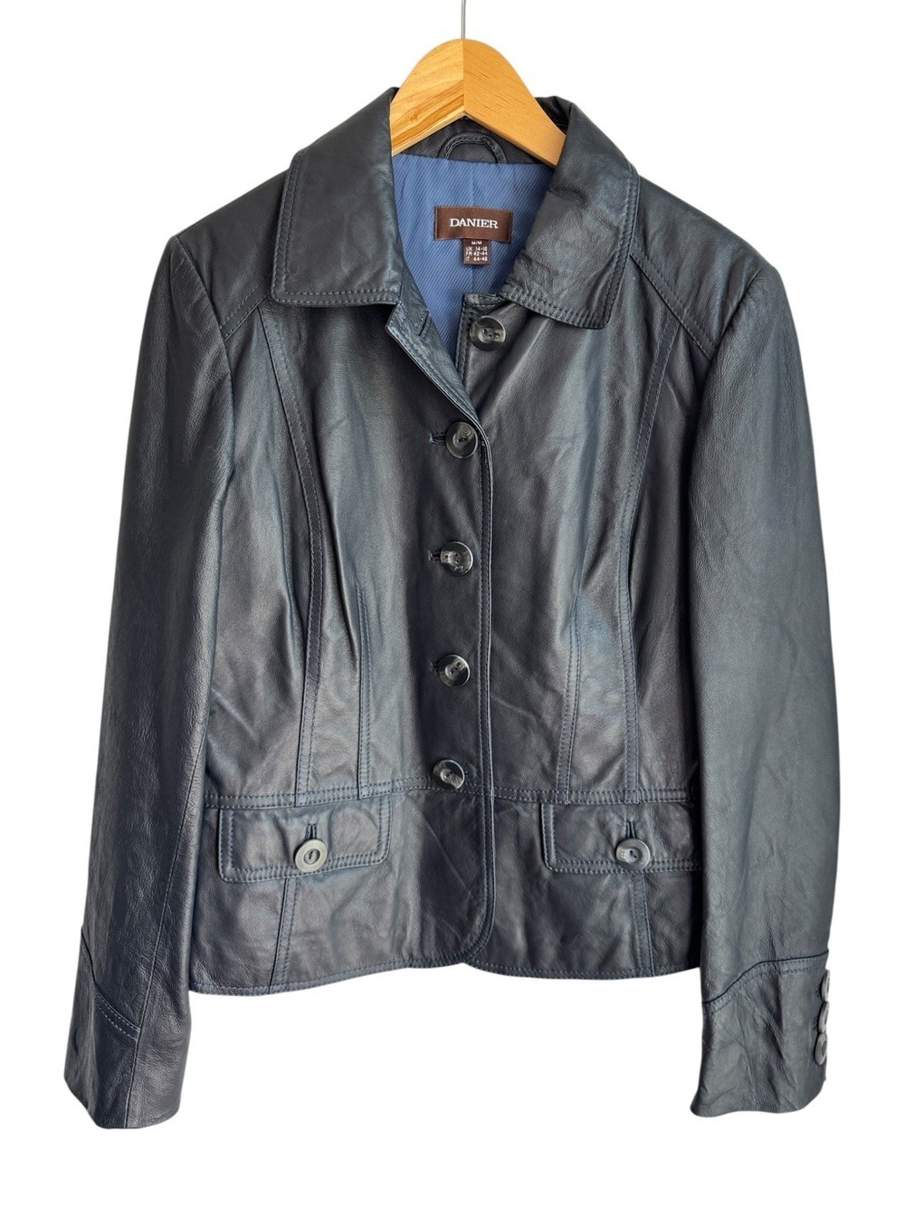 Danier Slate Blue Leather Jacket M Button Front Blazer Coat Fall Navy Y2K Classy
